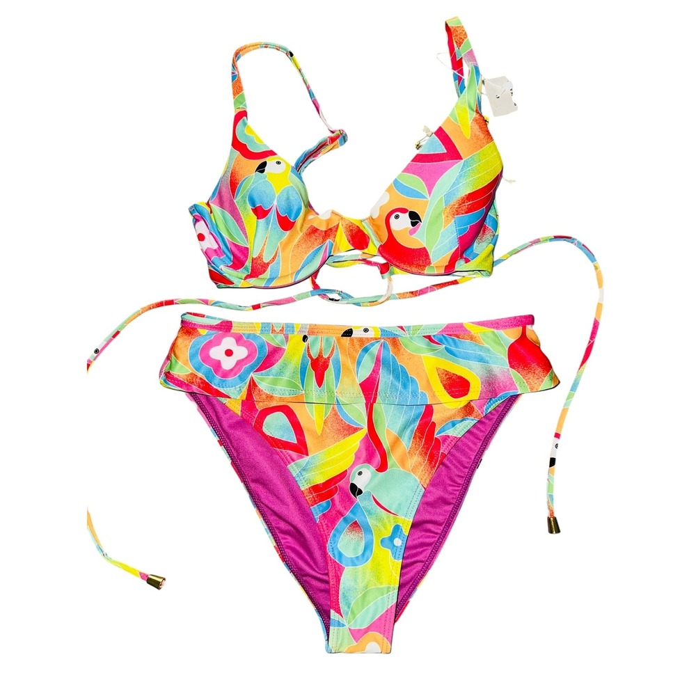 Watercolors By Kenny Flowers Bikini Top Bottom‎ Swim Hawaiian Parrot XS NWT